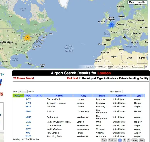 London Airport Search Results Map