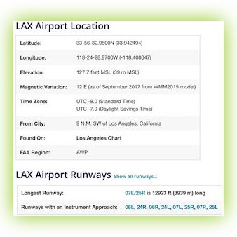 Airport Guide Location Data for LAX as displayed on a web page.