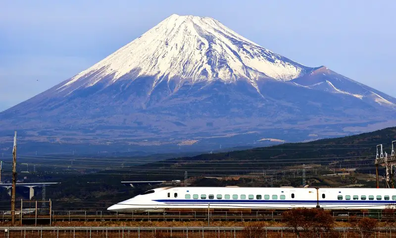 Shinkasen train and Mt Fuji